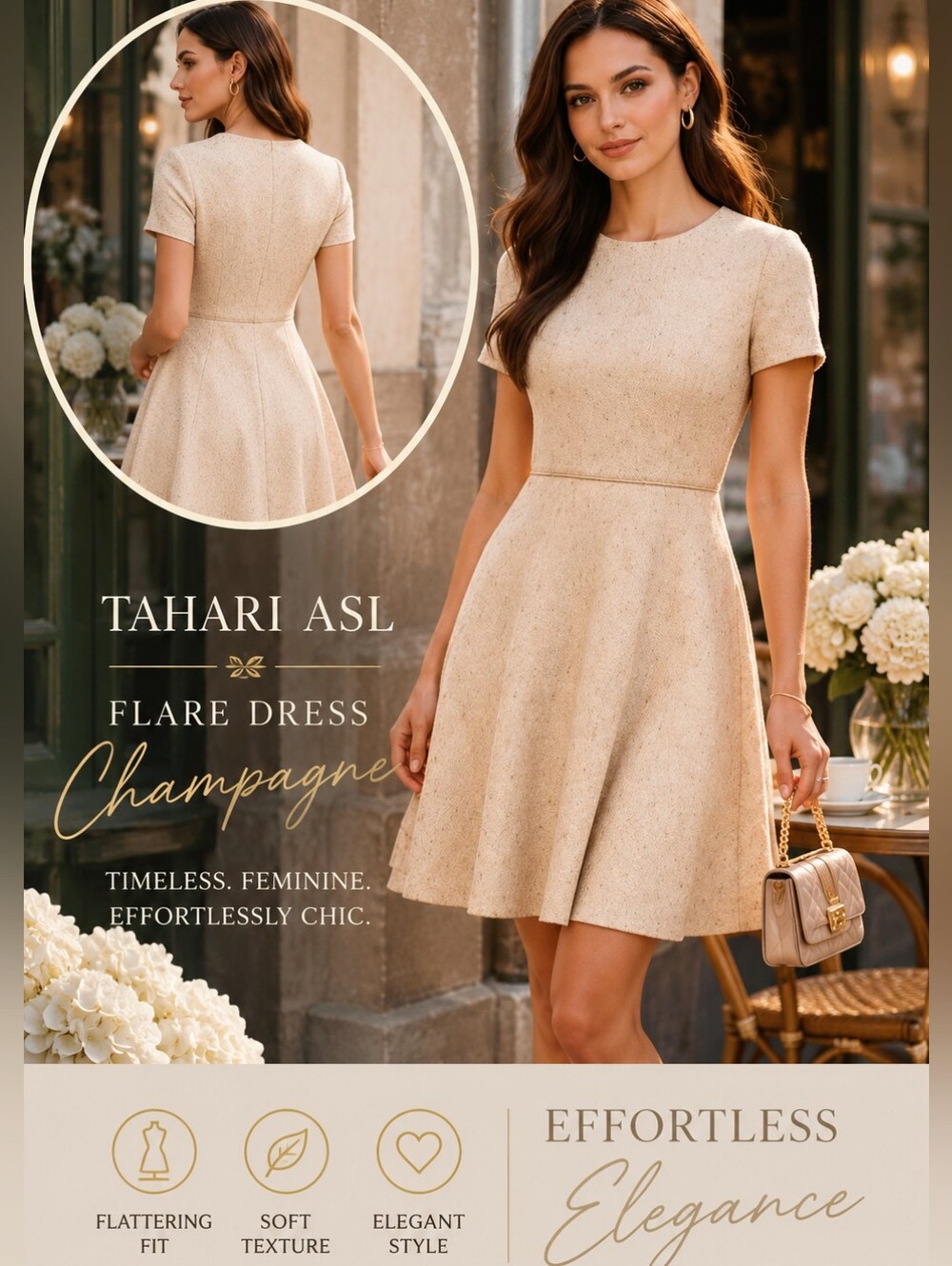 Tahari Fit & Flare Dress Champagne A-Line Elegant Classic Timeless  Minimalist